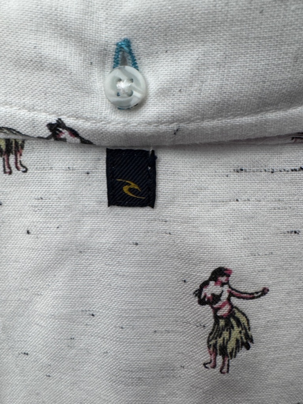 White SS Button-Up Shirt with All-Over Hula Dancer Print by Rip Curl size XL - Picture 8 of 10